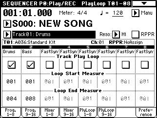 Using the Track Play Loop function to record The Track Play Loop function lets you specify a range of measures over which each track 1 16 will loop repeatedly during playback.