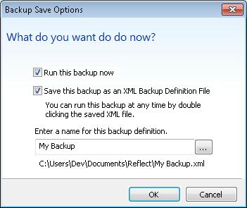 5. You are now given the opportunity to save the backup options as