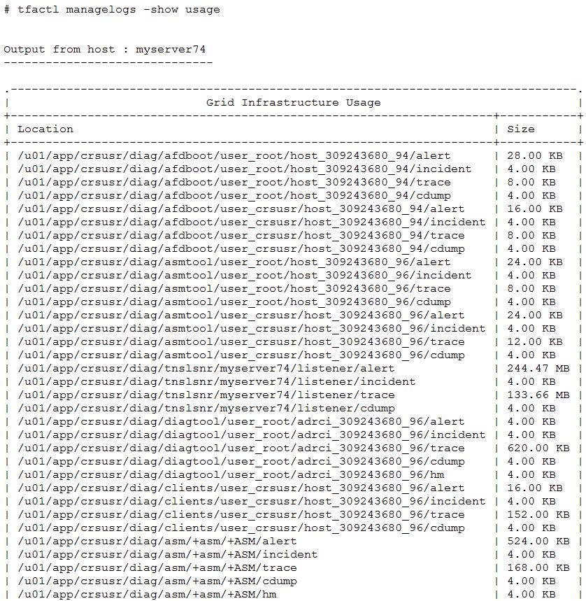 Manual Database Log Purge tfactl managelogs show usage tfactl managelogs show variation