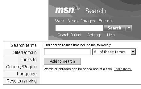 Doc. 9.82 Ver 1 Evaluating web pages Activity 7.3 Activity 7.4 Go back to the MSN Search home page. From under the search box, click on Search Builder.