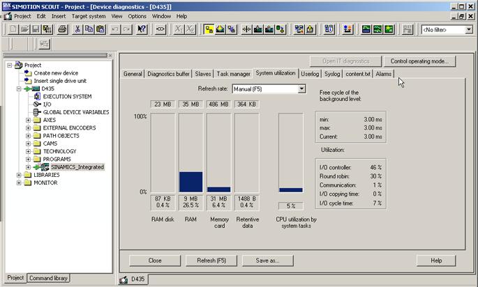 Part III: Service with SCOUT Engineering System 6.3 Device diagnostics 6.3.3 System utilization The System utilization tab displays the current memory assignment, free memory, and CPU utilization.