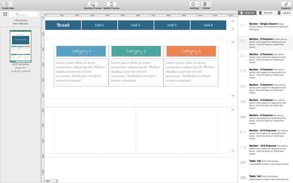 Create responsive layout 1. Launch editor 2. Drag and drop Responsive Sections from Inspector panel to canvas 3.