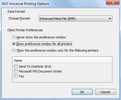 5 In the RAS Universal Printing Options dialog, select Show preference window for all printers or Show the preference window only for the following printers (specify the printers).