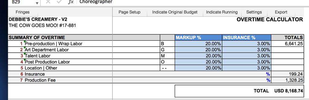 At the top of the Overtime Calculator there is a summary of the sections. Markup, Insurance, and Fringes are calculated using the same technique as the budget.