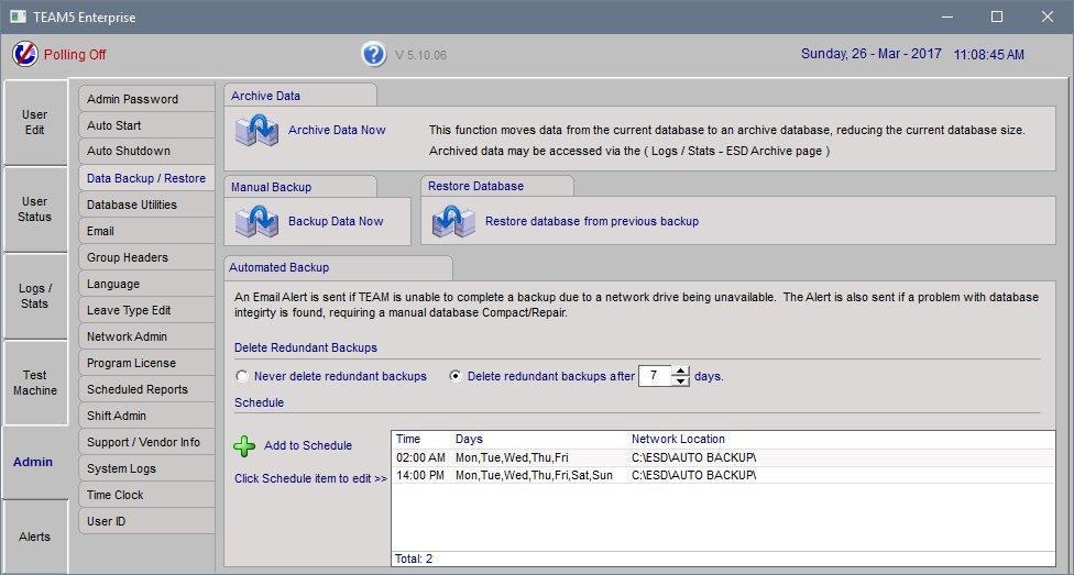 Admin - Database Backup / Restore This page allows data to be backed up and restored manually and to scheduled backups.