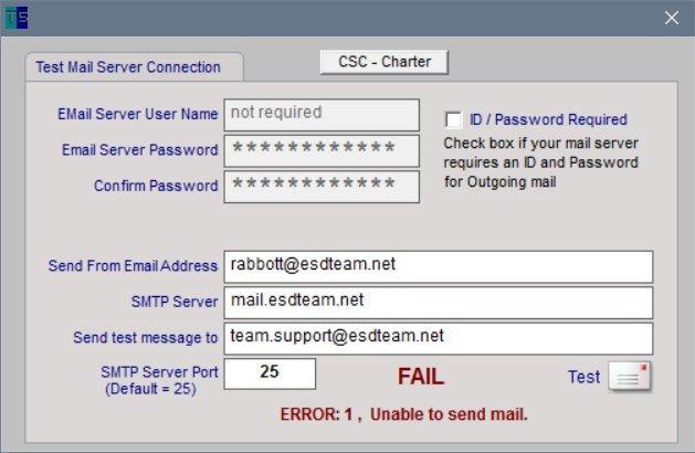 Email Server Test PASSED Email Server Test FAILED Additional Error Details Additional Email Error Details may also be shown in a pop up dialog similar to this.