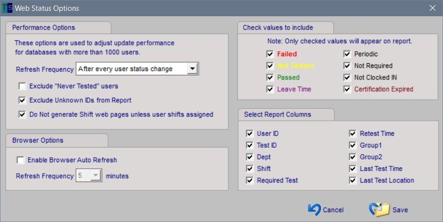 Web User Status Options To change options, click the Options icon in the Web User Status Monitor section of the Amin - Network Admin page Performance Options are designed to improve the performance