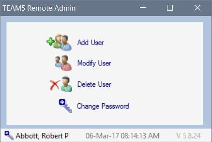 . - Enter a new password After logging in the TEAM5 Remote Admin main menu is displayed.