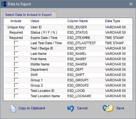 ESD Status Export to Database (continued) - Click the Data to Export icon. The Data to Export window is displayed. This window lists all data elements available for export from TEAM to other systems.