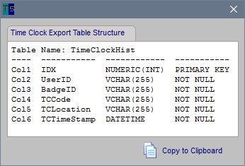 Data Sync - Time Clock Export to Database One per polling cycle, when new time clock data is collected, the data is immediately exported to an external database table.
