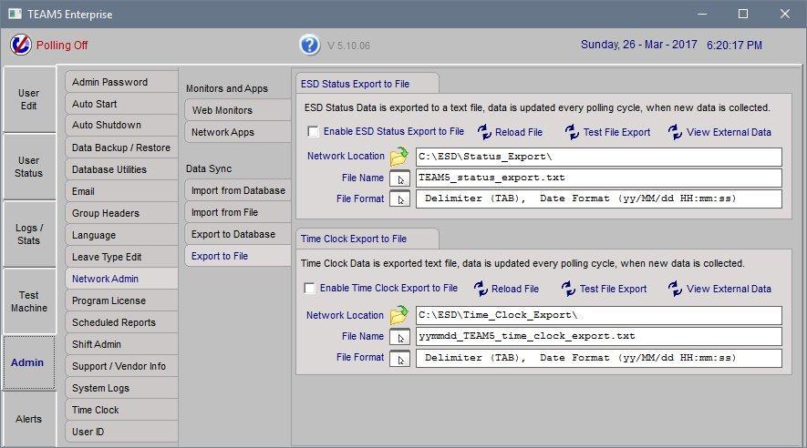 Data Sync - Export to File TEAM5 Data Sync will export ESD Status and Time Clock data to files.