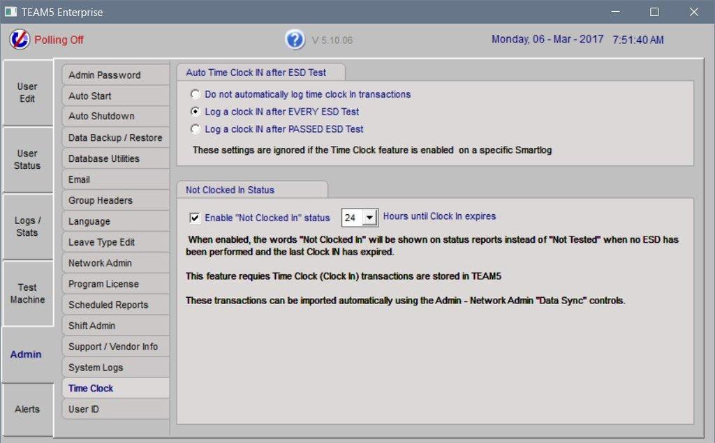 Admin - Time Clock The Admin - Time Clock page contains various time punch settings and a