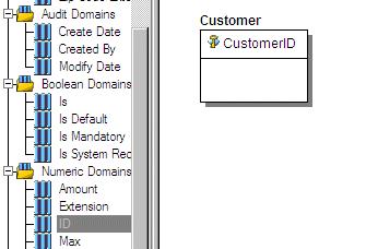 6 In the entity name field, type Customer, replacing the default entity name, Entity1. 7 In the Domains folder of the Data Dictionary tab, locate the ID domain in the Numeric Domains folder.
