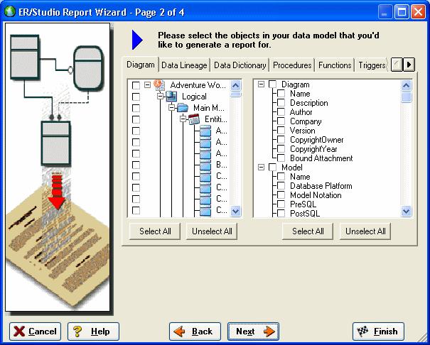 11 On page 2, click Select All in both areas of the Diagram tab. 12 Click Select All in both areas of the Data Dictionary and the Procedures tabs, and then click Next.