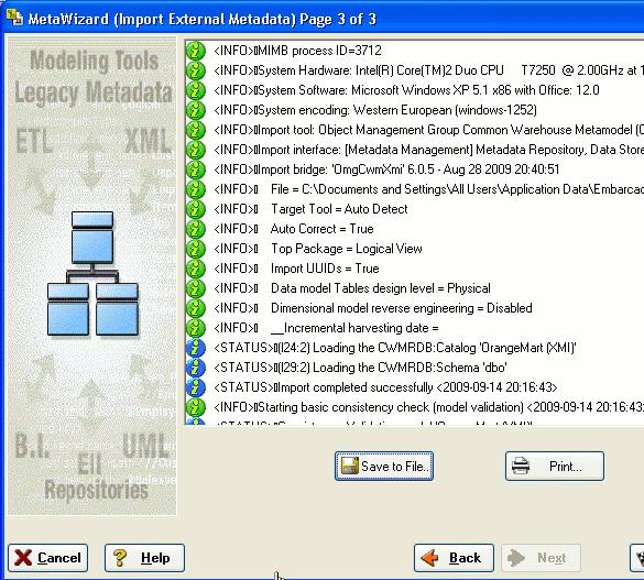 4 Click Next, click through page 2, and then on page 3 click Finish By default the MetaWizard performs a basic consistency check of the file imported and reports any inconsistencies on page 2 of the