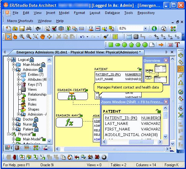 Getting Started with ER/Studio Data Architect The graphic below names and describes the functionality of some key elements of the ER/Studio Data Architect user interface.