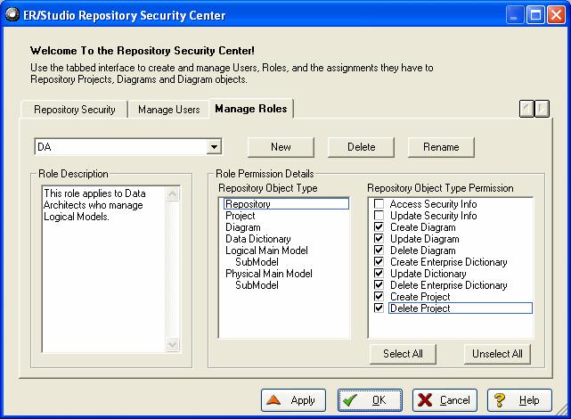 4 Enter a name such as DA, and provide a description of the role: 5 To return to the Repository Security Center, click OK.