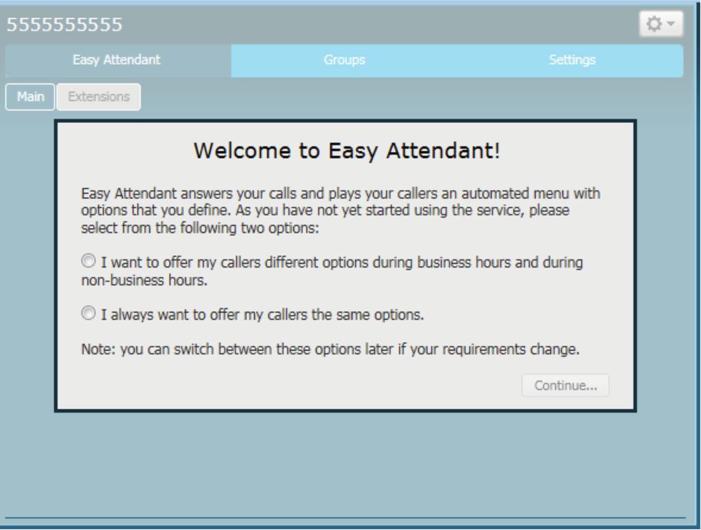 ACCESSING THE EASY ATTENDANT From the Lines screen, click on the Easy Attendant link next to the number with the Auto Attendant to manage your Auto Attendant. The Easy Attendant screen will appear.