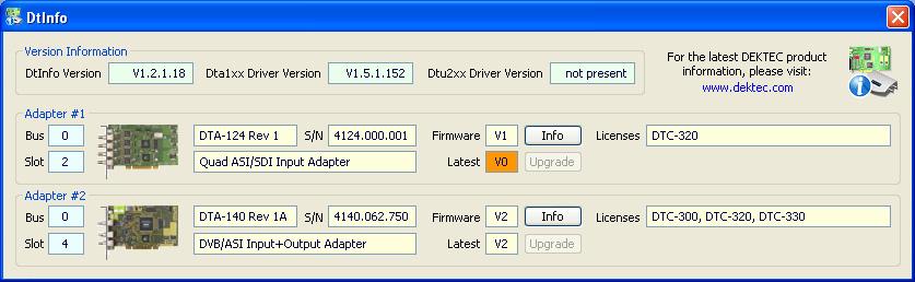 all available DekTec devices and displays: their serial number, firmware version, available license and the current version of the driver used. Figure 2 DtInfo sample screenshot 3.4.