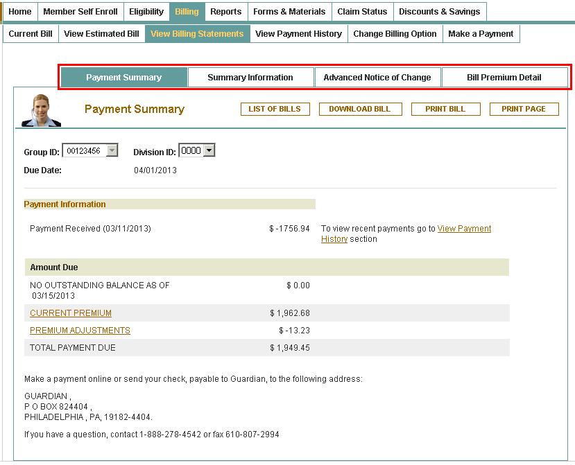 The Payment Summary screen is displayed. Click on the Download Bill, Print Bill, or Print Page buttons if needed.