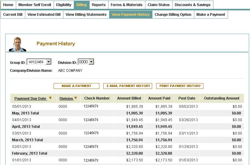 BILLING HOW TO VIEW YOUR PAYMENT HISTORY On the Employer portal home page, click the Billing tab, and then click View Payment History.