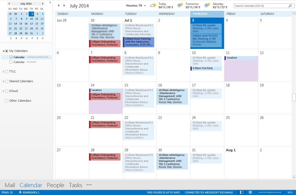 Outlook 013 Calendar Training Make a New Appointment or Meeting 1 1. Click the Calendar link in the bottom left corner. Note that the tabs in the Ribbon (top toolbar) change to Calendar options.