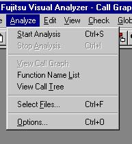 Visual Analyzer V2.1 User s Guide Page 20 Analyze Menu Start Analysis Command Use this command to analyze the source file or files specified in the Select File dialog box. See Analyzing a Program.