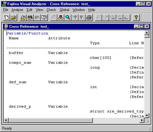 Visual Analyzer V2.1 User s Guide Page 89 Example of a C Program Cross-Reference Window The variable name and function name listing displays the following information: 1.