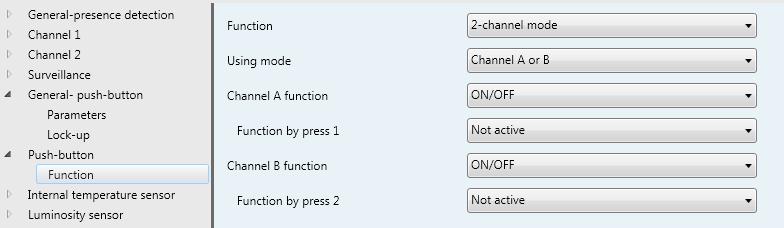 6.12 "2-channel mode" function The different function variants of the "2-channel mode function" for the button are presented and described in the parameter window below.