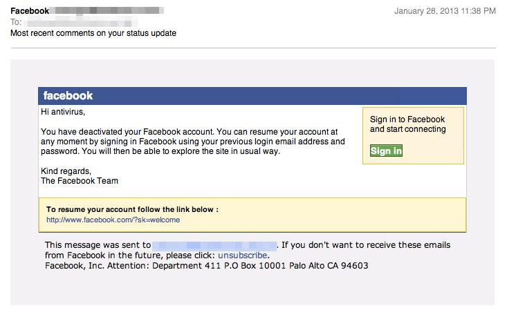 Figure 2: Sample phishing message recently obtained from Facebook It is possible that attackers are taking legitimate messages and just replicating them with slight modifications to links.
