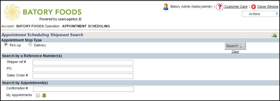 Scheduling Appointments 1. Select the Appointment Stop Type, Pickup or Delivery by clicking on the radio button next to the appropriate stop type. 2.