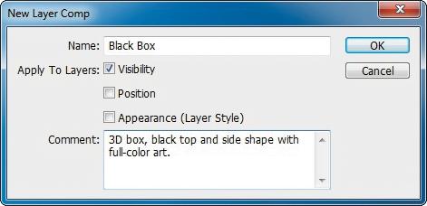 Name the new layer comp Black Box, and type a description of its appearance in the Comment box: 3D box, black top and side
