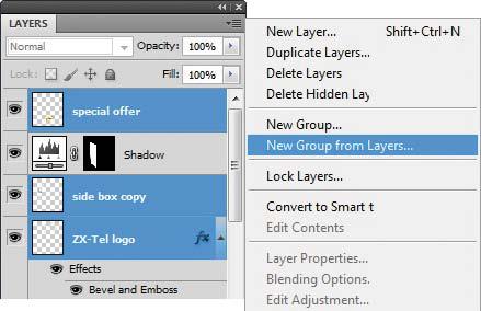 2 From the Layers panel menu, choose New Group From Layers. Type Box Type for the name, and click OK.