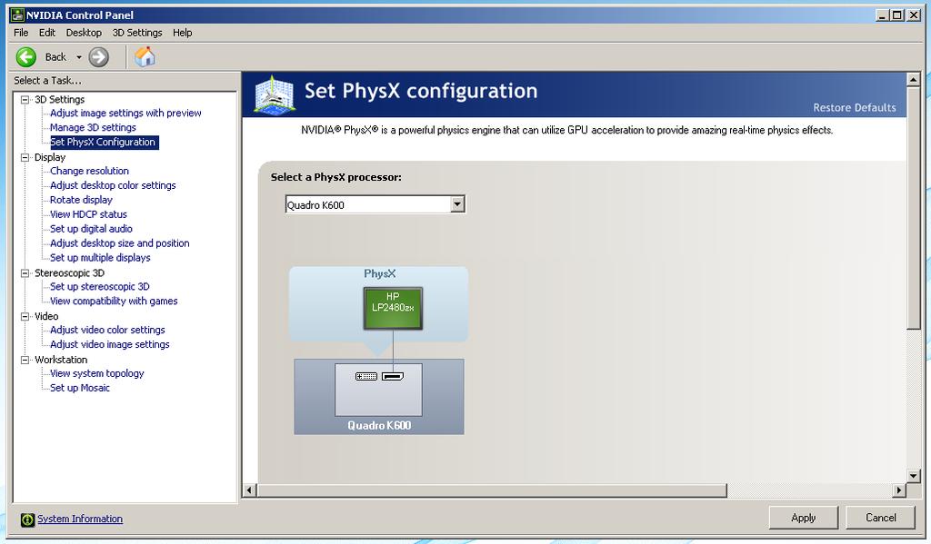 8. Set the PhysX device configuration 9. Under 3D Settings select Set PhysX Configuration (See picture below) 10. Under Select a PhysX processor:, Change the setting to Quadro K620, K1200 or K2200 11.