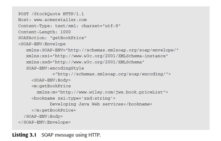 4 Example 3.1 represents a SOAP message using an HTTP post request for sending a getbookprice() method with <bookname> as an argument to obtain a price of a book.