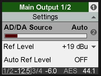 12.2 Main Output 1/2 12.2.1 Settings Subpage Settings has the same settings as listed for Analog Input, plus: AD/DA Source The source of the Main Output 1/2 signal is automatically selected based on