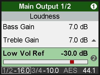 12.2.3 Loudness Subpage Loudness has the following entries: Enable ON, OFF. Default: OFF. Bass Gain Maximum Bass amplification. Adjustable between 0 db and +10 db in steps of 0.5 db.