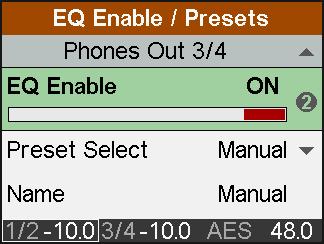 In this screen the EQ can be switched on and off, and EQ presets can be stored and loaded comfortably. Use encoder 1 to change between the subpages Analog Input, Main Output 1/2 and Phones Out 3/4.