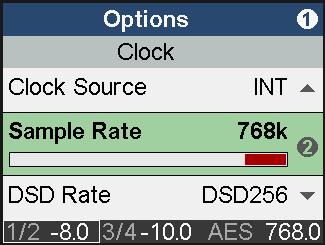 14.1.2 Clock The subpage Clock has the following entries: Clock Source Choices are Auto, INT (Internal, Master), AES, SPDIF. Sample Rate Choices are 44.1, 48, 88.2, 96, 176.4, 192, 352.8, 384, 705.