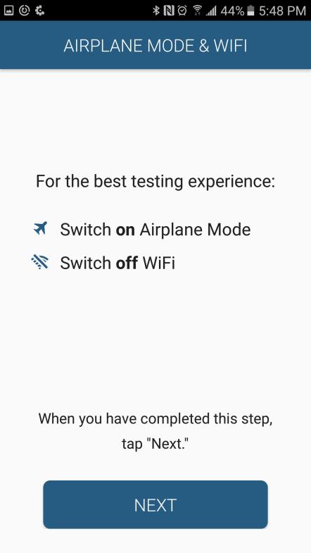Airplane Mode and WiFi The Airplane Mode and WiFi screen appears after Test Overview.