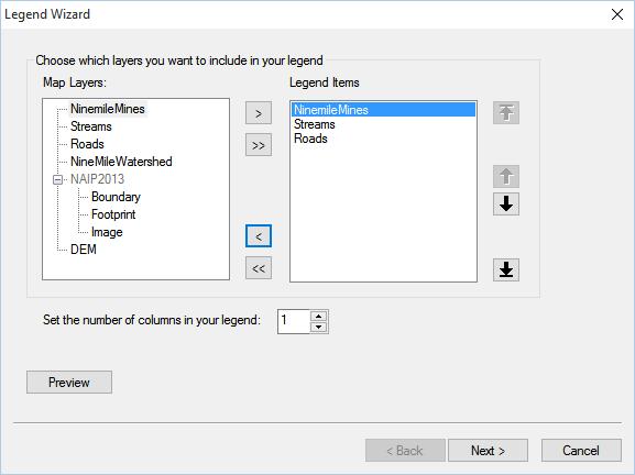Left click the Next Button for the next 5 forms in the Wizard to create a Legend for your map. 10.