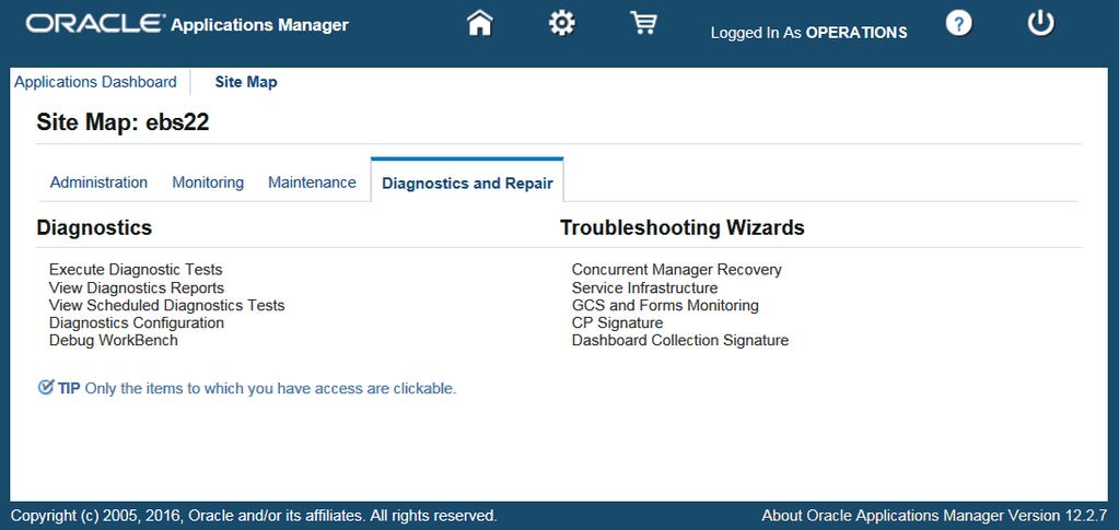 Diagnostics and Repair Oracle Applications Manager for Oracle E-Business Suite Release 12 provides troubleshooting wizards that automate complex recovery steps.