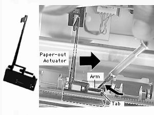Take Apart Paper Out Actuator - 59 1 With a jeweler s screwdriver, very gently pry the plastic arm up and over the metal tab on the chassis.