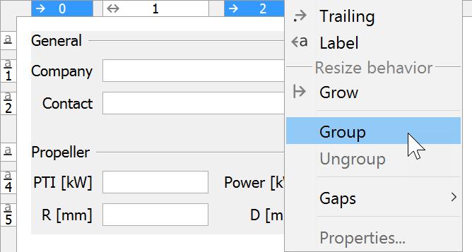 To visualize the grouping, JFormDesigner displays lines connecting the grouped columns/rows near to the column and row headers.