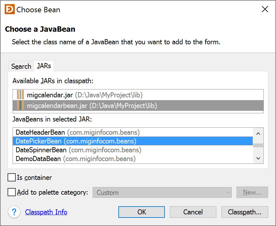 JARs tab On this tab you can select classes that are marked as JavaBean in the JAR's manifest. The provider of the component JAR can mark some classes as JavaBean in the manifest file.