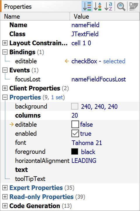 2.6 Properties View The Properties view displays and lets you edit the properties of the selected component(s). Select one or more components in the Design or Structure view to see its properties.
