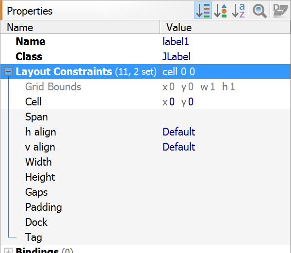 Select a component in the Design or Structure view to see its constraints properties in the Properties view. This screenshot shows constraints properties of a component in a MigLayout. 2.6.