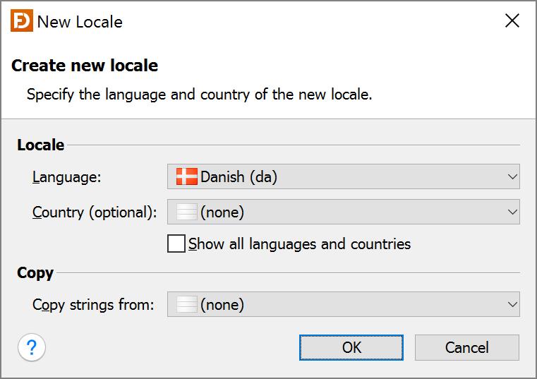Create new locale To create a new locale, either select Form > New Locale from the main menu, New Locale ( ) from the toobar or click the New Locale button in the Localize