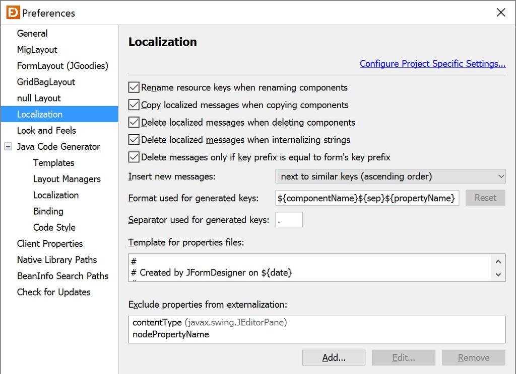Localization On this page, you can specify localization related options.