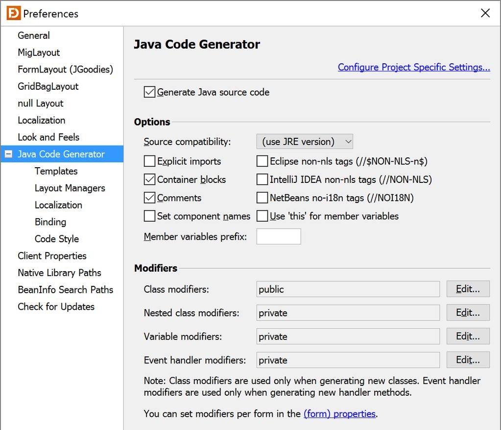 Java Code Generator On this page, you can turn off the Java code generator and specify other code generation options.
